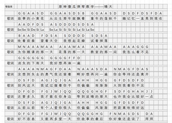 原神晴天琴谱一览